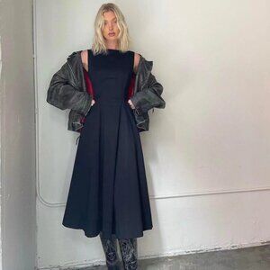 Helsa Stretch Cotton Sateen Midi Dress - True Black Cocktail Party